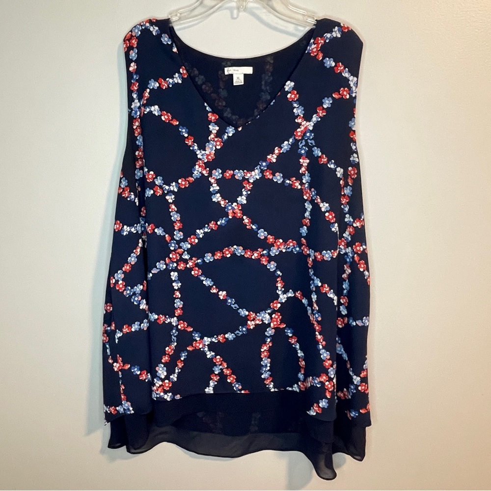 Cato Est 1946 Red and Blue Asymmetrical Floral Sleeveless Blouse